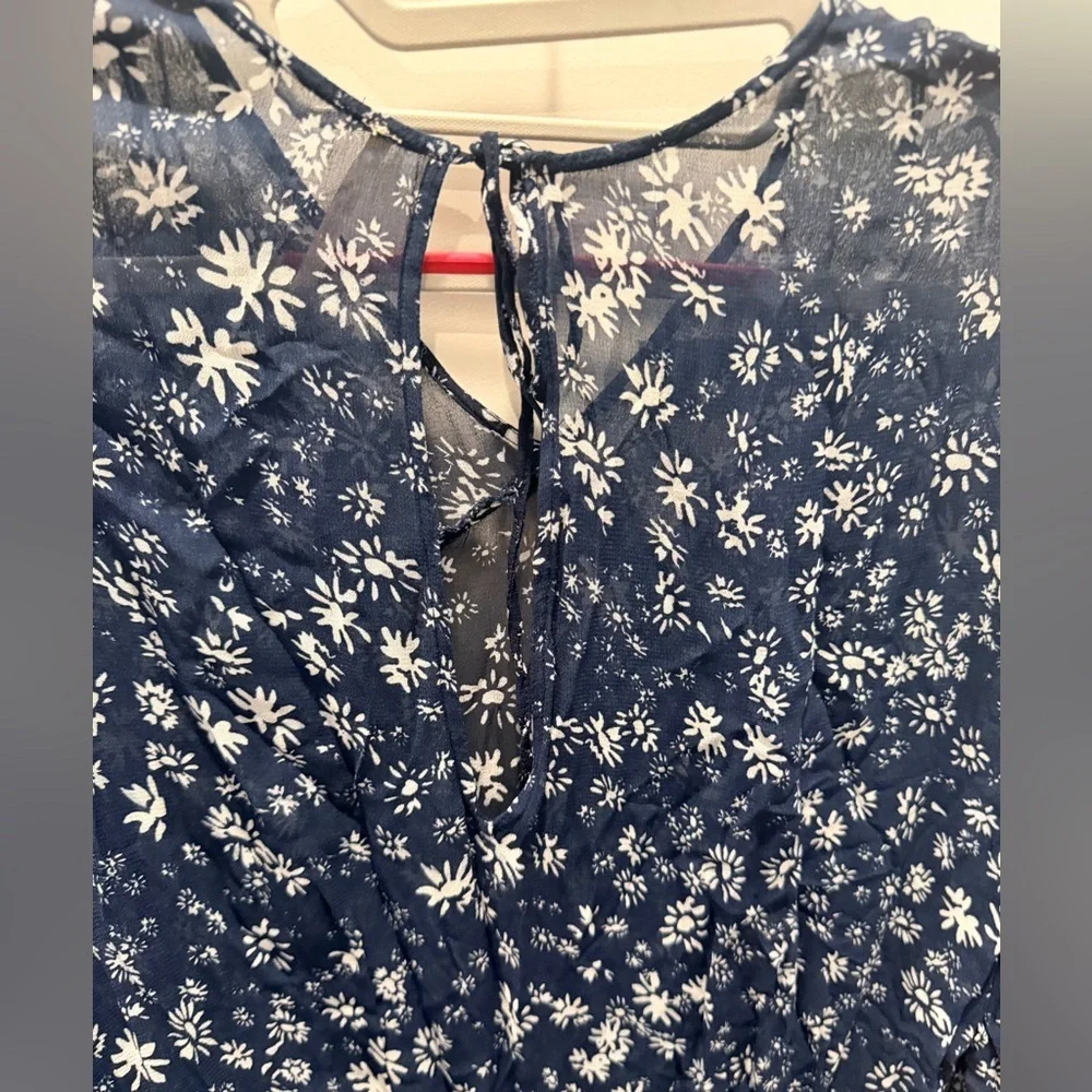 Free People Navy Blue Floral Midi Dress XS Long Sleeve Boho Peasant